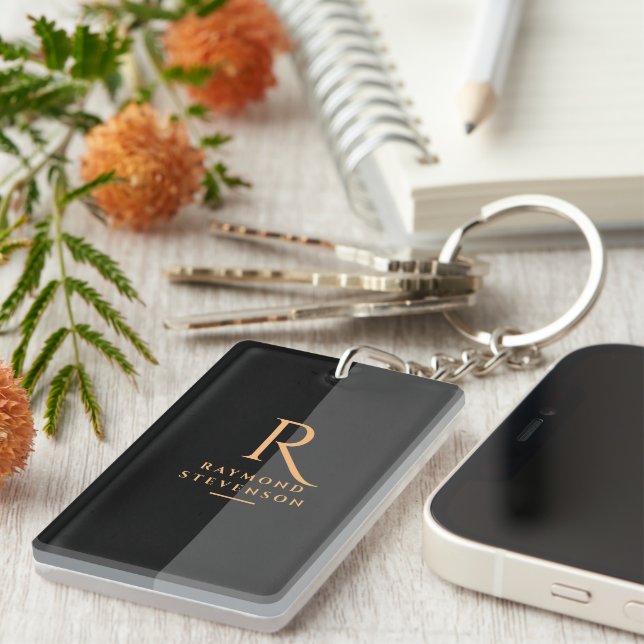 Chic Elegant Modern Black Gold Monogrammed Key Ring (Front Right)