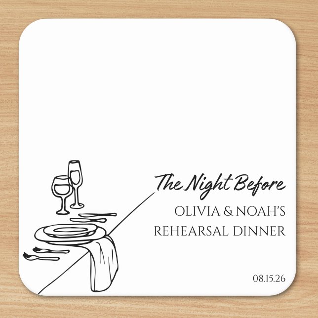 Chic Elegant Modern Personalised Rehearsal Dinner Square Paper Coaster (Set the stage for 'The Night Before' with these personalized coasters for your rehearsal dinner.)