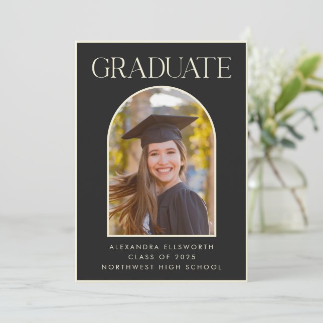 Chic Elegant Modern Photo Black Arch Graduation Announcement (Standing Front)