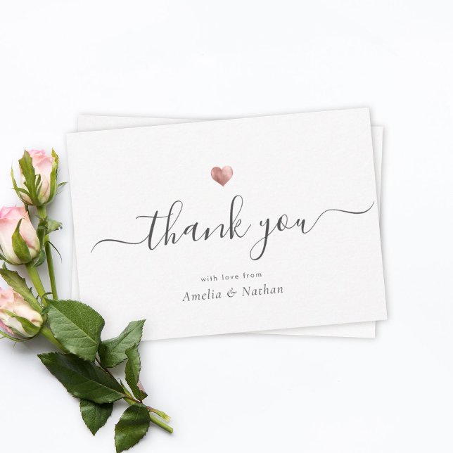 Chic Elegant Modern Script Rose Gold Heart Thank You Card (Creator Uploaded)
