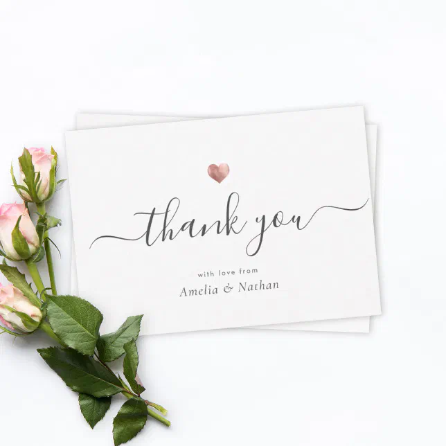 Chic Elegant Modern Script Rose Gold Heart Thank You Card | Zazzle