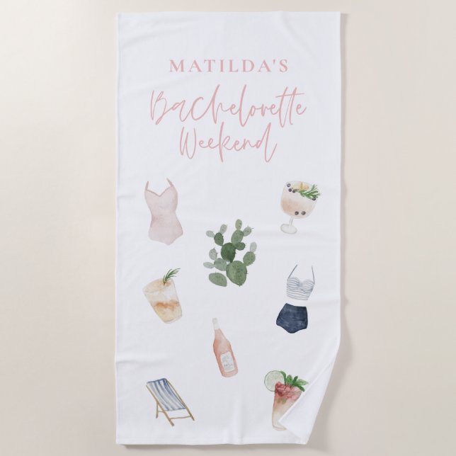 Chic elegant modern watercolor drinks bachelorette beach towel (Front)