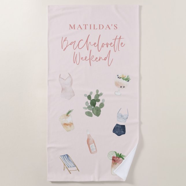 Chic elegant modern watercolor drinks bachelorette beach towel (Front)