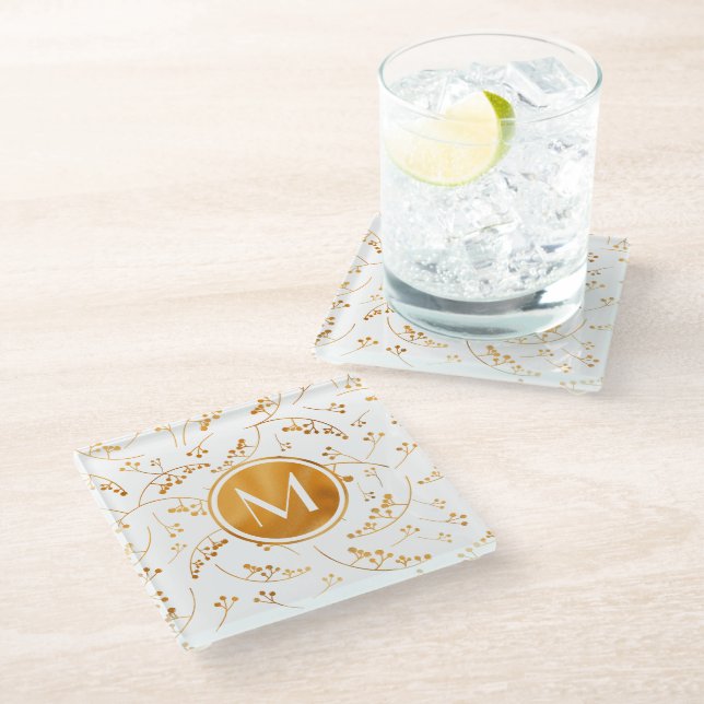 Chic elegant monogram gold berries pattern glass coaster (Angled)