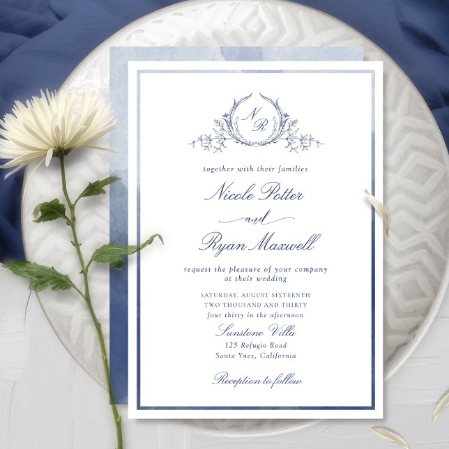 Chic Elegant Monogram Navy Blue Watercolor Wedding Invitation (Creator Uploaded)