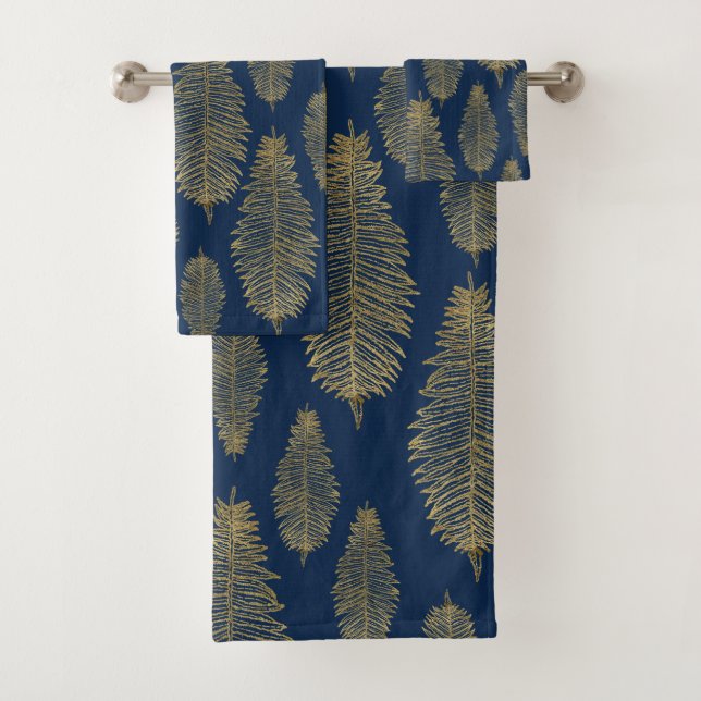 Chic Elegant Navy Blue Gold Fern Leaf Pattern Bath Towel Set (Insitu)