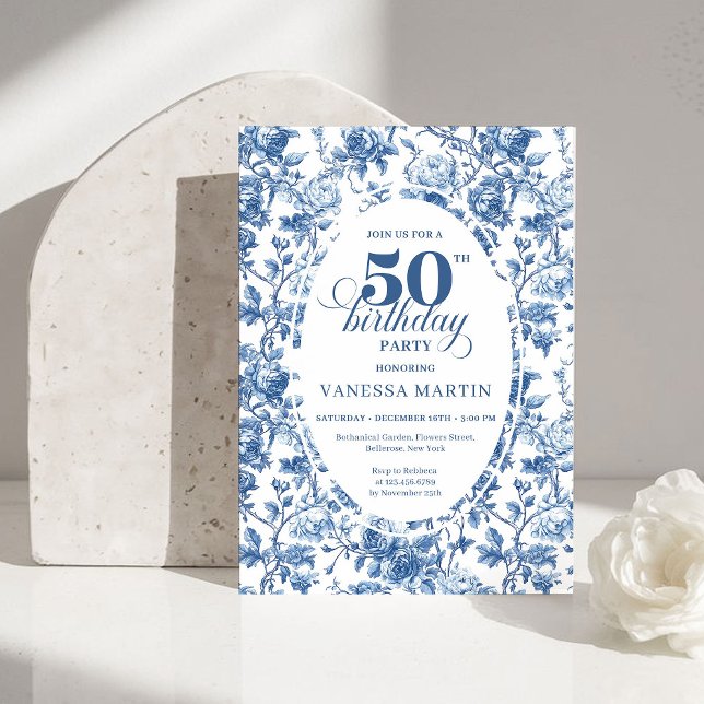 Chic Elegant Navy Toile de Jouy Rose 50th Birthday Invitation (Chic Elegant Navy Toile de Jouy Rose 50th Birthday Invitation)