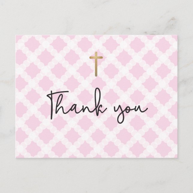 Chic Elegant Pink Faux Gold Cross First communion Postcard (Front)