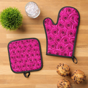 Chic Elegant Pink Roses Flowers Floral Oven Mitt & Pot Holder Set