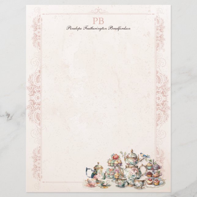 Chic Elegant Pink Tea Monogrammed Stationery Paper (Front)
