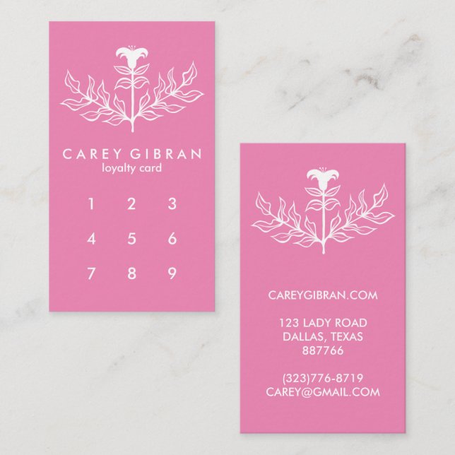 Chic Elegant Pink White Lily Line Drawing CUSTOM Loyalty Card (Front/Back)