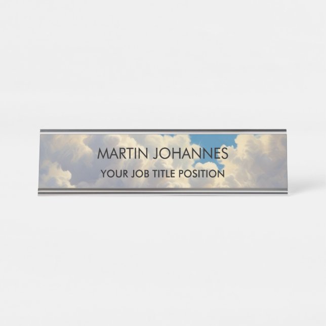 Chic Elegant Plain Stylish Blue Sky & Clouds Desk Name Plate (Front)