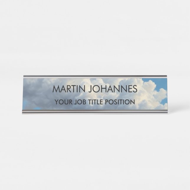 Chic Elegant Plain Stylish Blue Sky & Clouds Desk Name Plate (Front)