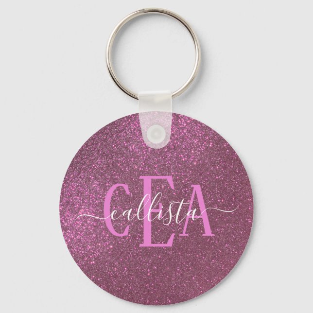 Chic Elegant Plum Purple Sparkly Glitter Monogram Key Ring (Front)