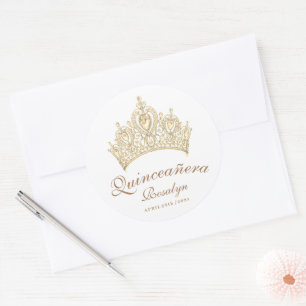 Chic Elegant Quinceañera Gold Crown Script Classic Round Sticker