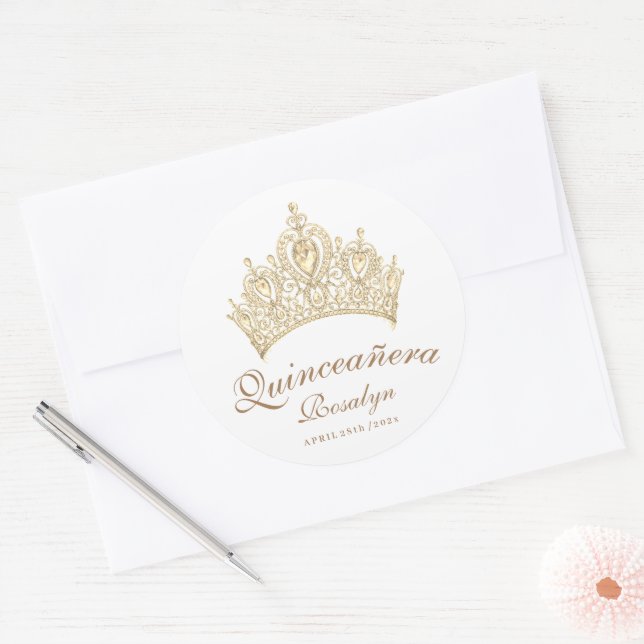  Chic Elegant Quinceañera Gold Crown Script Classic Round Sticker (Envelope)