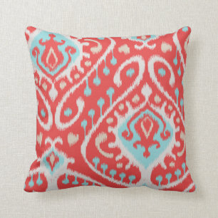 Chic elegant red and turquoise tribal ikat print cushion
