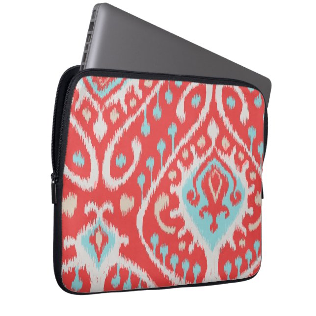 Chic elegant red and turquoise tribal ikat print laptop sleeve (Front Right)