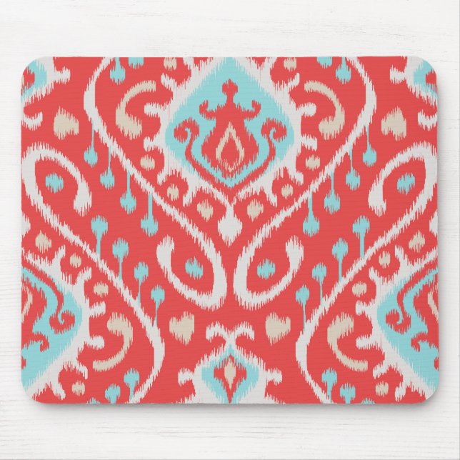 Chic elegant red and turquoise tribal ikat print mouse mat (Front)