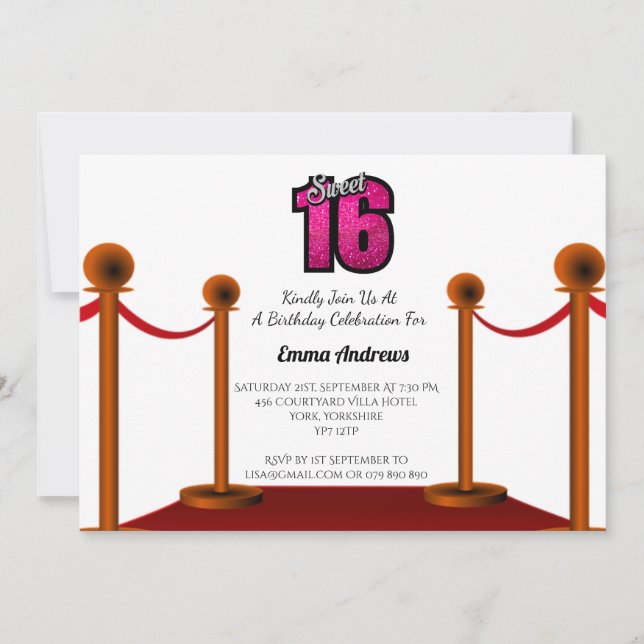 Chic Elegant Red Carpet Sweet 16 Party Invitation (Front)