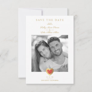 Chic Elegant Red & Gold Heart Photo Couple Wedding Save The Date