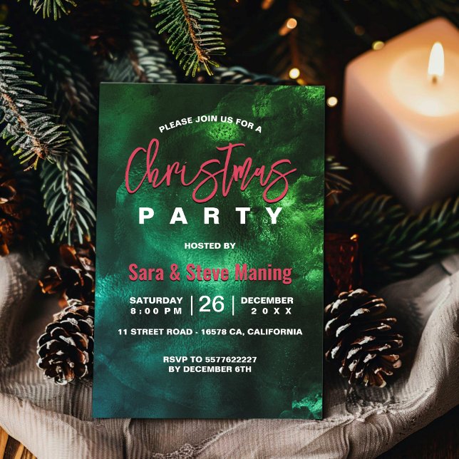 Chic elegant red green marble art Christmas  Invitation (Creator Uploaded)