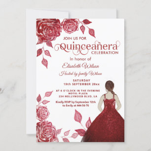 Chic elegant romantic red roses Quinceañera Invitation