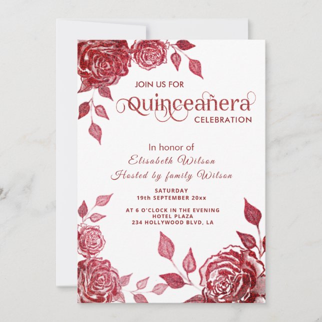 Chic elegant romantic red roses  Quinceañera  Invitation (Front)