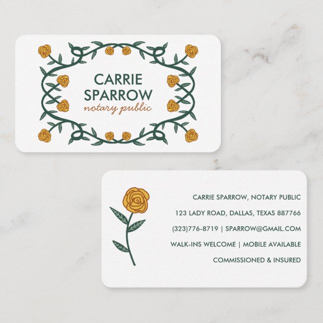 Chic Elegant Rose Frame Floral Notary Public Legal Business Card (Front/Back)