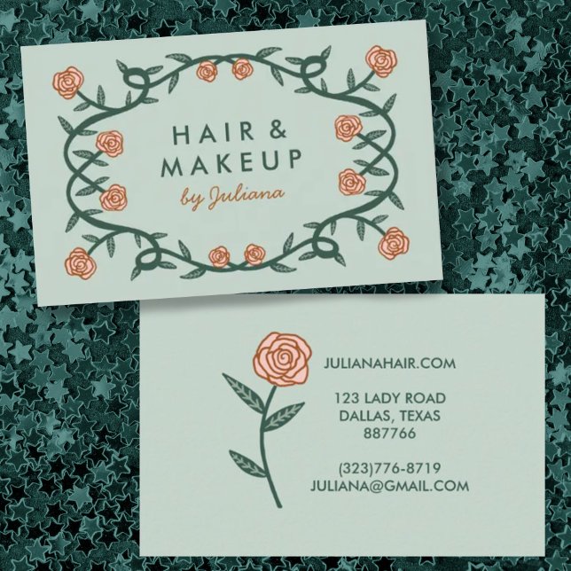 Chic Elegant Rose Frame Floral Pink Green Business Card (Creator Uploaded)