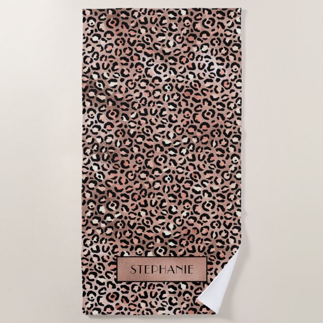 Chic Elegant Rose Gold Leopard Print Personalised Beach Towel (Front)