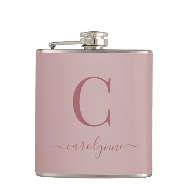 Chic Elegant Rose Gold Monogram Script Hip Flask (Front)