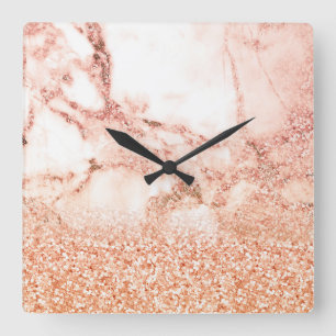 Chic Elegant Rose Gold Ombre Glitter Marble Square Wall Clock