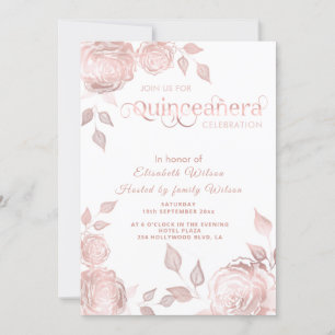 Chic elegant Rose Gold roses Quinceañera Invitation
