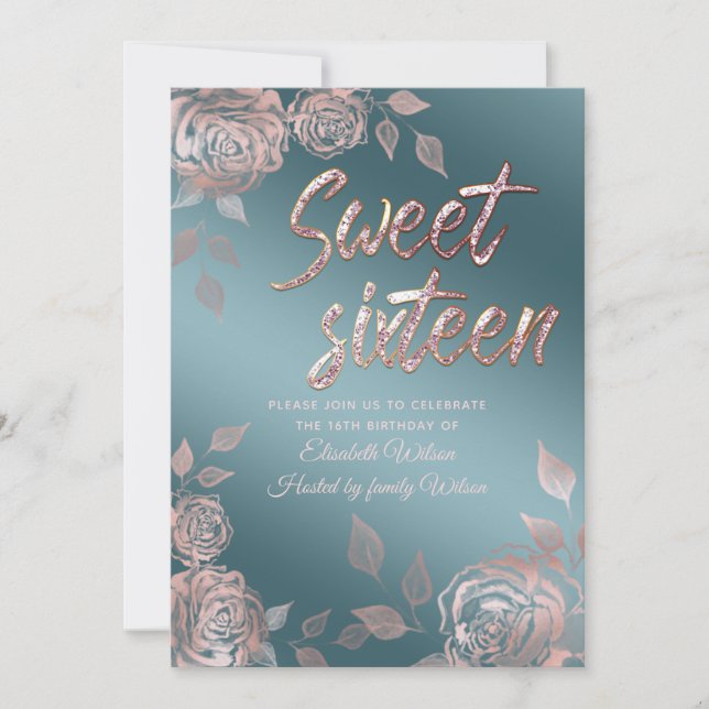 Chic elegant Rose Gold roses sweet sixteen Invitation (Front)