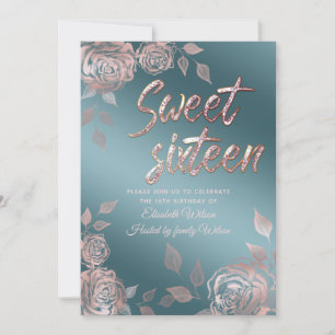 Chic elegant Rose Gold roses sweet sixteen Invitation