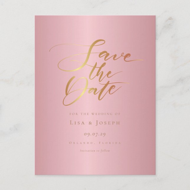 Chic Elegant Rose Gold Script Save the Date Postcard (Front)