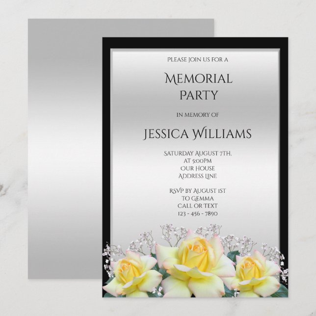 Chic Elegant Roses Silver Memorial Party Invitation (Front/Back)