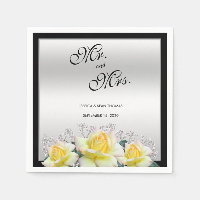 Chic Elegant Roses Silver Wedding Napkin (Front)