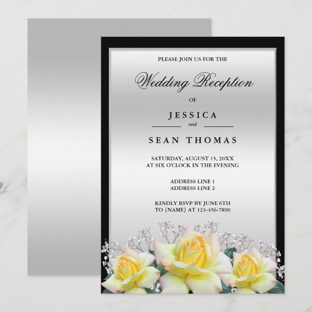 Chic Elegant Roses Silver Wedding Reception Invitation (Front/Back)