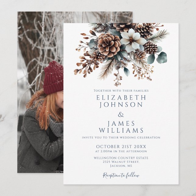 Chic Elegant Rustic Floral Pinecone Photo Wedding Invitation (Front/Back)