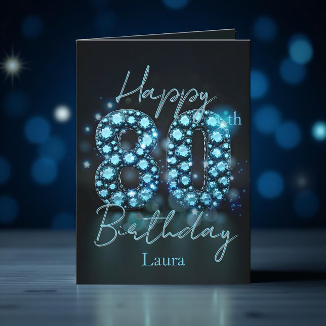 Chic Elegant Sapphire Blue and Black 80th Birthday Card (Creator Uploaded)