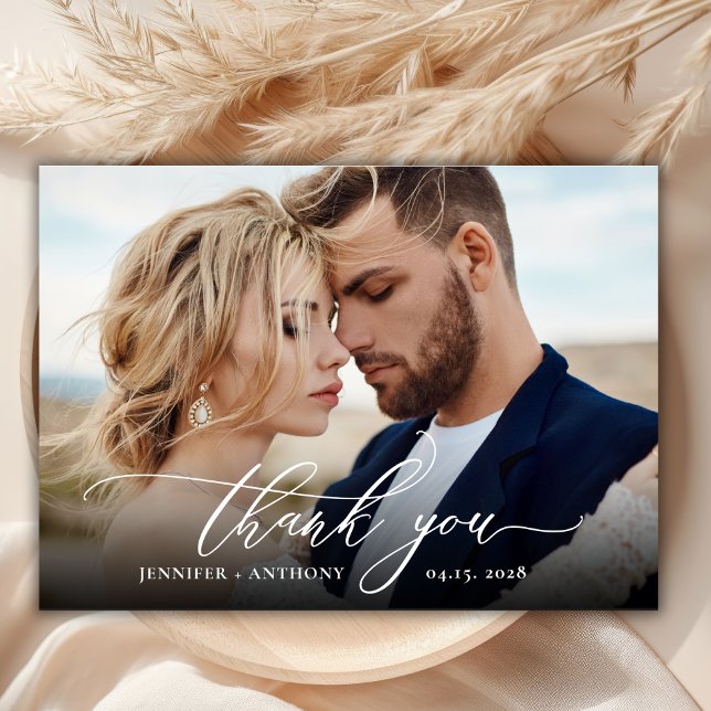 Chic Elegant Script 2 Photo Wedding Thank You Card (Creator Uploaded)