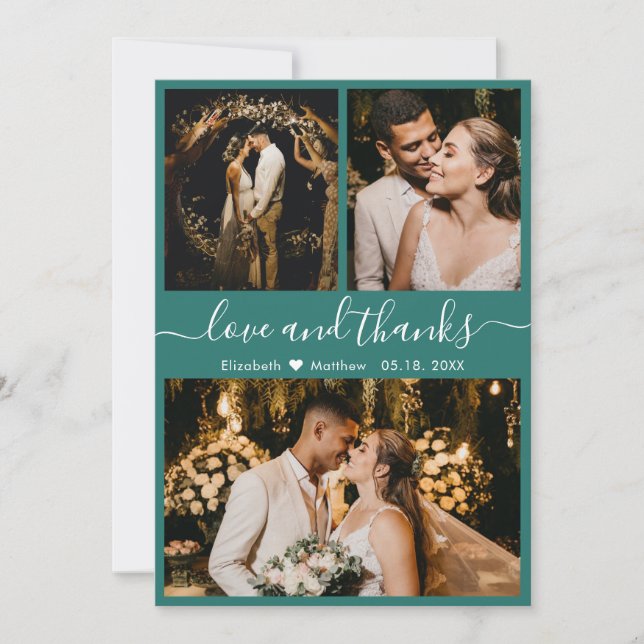 Chic Elegant Script 3 Photo Collage Wedding Thank You Card (Front)