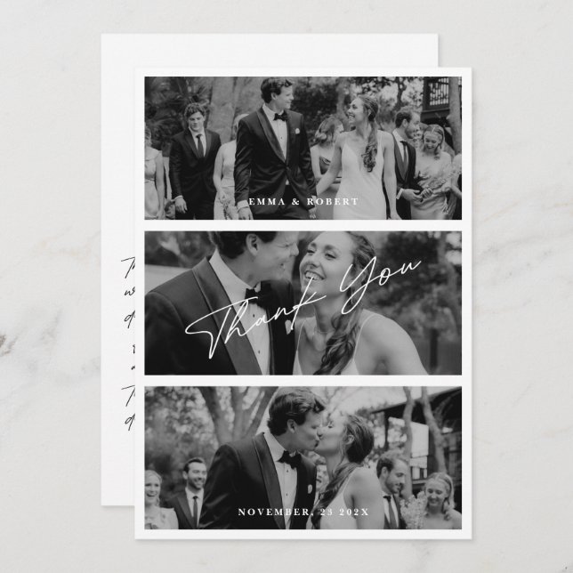 Chic Elegant Script 3 Photo Wedding Thank You Card (Front/Back)