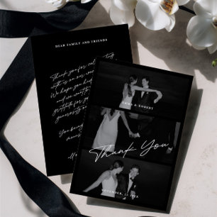 Chic Elegant Script Black 3 Photo Wedding Thank You Card