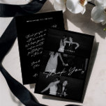Chic Elegant Script Black 3 Photo Wedding Thank You Card<br><div class="desc">This sleek and timeless card features a minimalist design, offering a clean canvas to convey your heartfelt thanks. The simplicity of the card allows your appreciation to take centre stage, making it a perfect choice for expressing gratitude after your wedding day. Meticulously crafted with modern aesthetics and attention to detail,...</div>