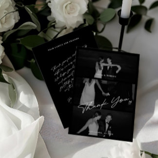 Chic Elegant Script Black 3 Photo Wedding Thank You Card