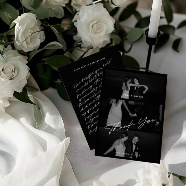 Chic Elegant Script Black 3 Photo Wedding Thank You Card (Chic Elegant Script Black 3 Photo Wedding Thank You Card)