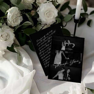 Chic Elegant Script Black 3 Photo Wedding Thank You Card